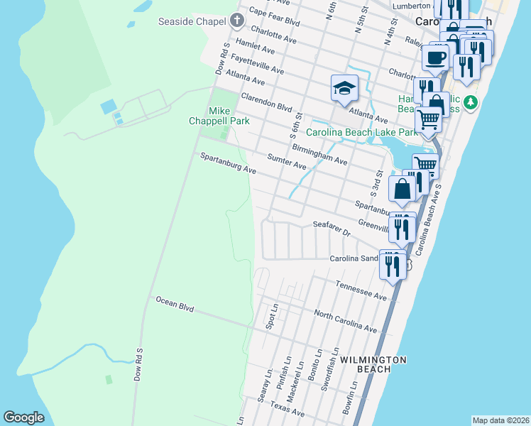 map of restaurants, bars, coffee shops, grocery stores, and more near 939 Carolina Sands Drive in Carolina Beach