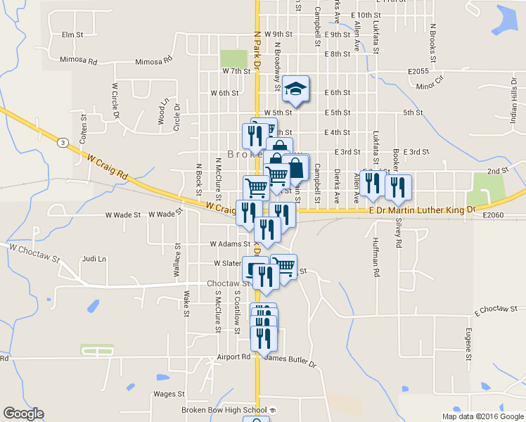 map of restaurants, bars, coffee shops, grocery stores, and more near U.S. 70 in Broken Bow