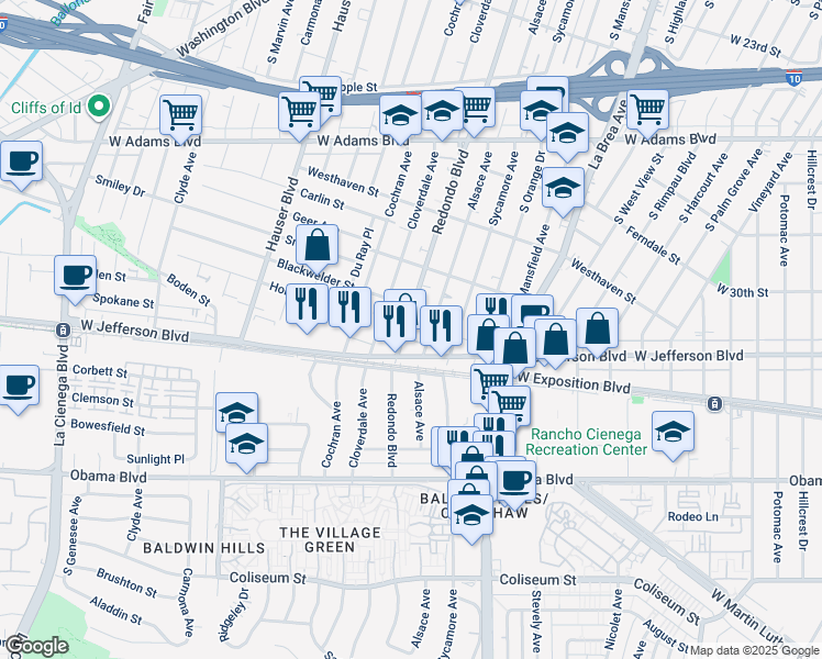 map of restaurants, bars, coffee shops, grocery stores, and more near 2922 Redondo Boulevard in Los Angeles