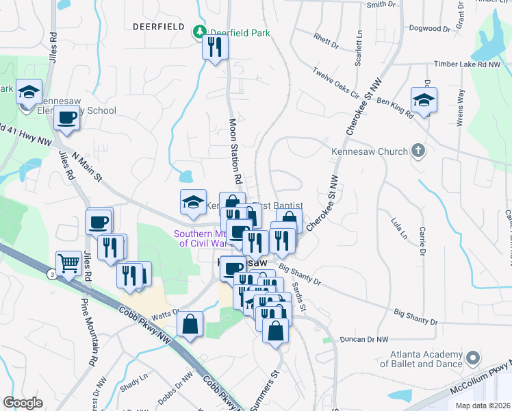 map of restaurants, bars, coffee shops, grocery stores, and more near 2962 Moon Station Road in Kennesaw