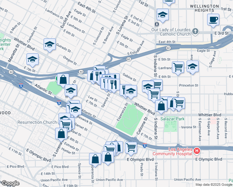 map of restaurants, bars, coffee shops, grocery stores, and more near 3525 Whittier Boulevard in Los Angeles