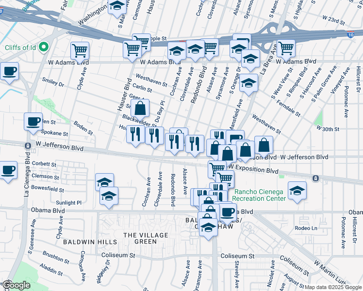 map of restaurants, bars, coffee shops, grocery stores, and more near 2922 Redondo Boulevard in Los Angeles