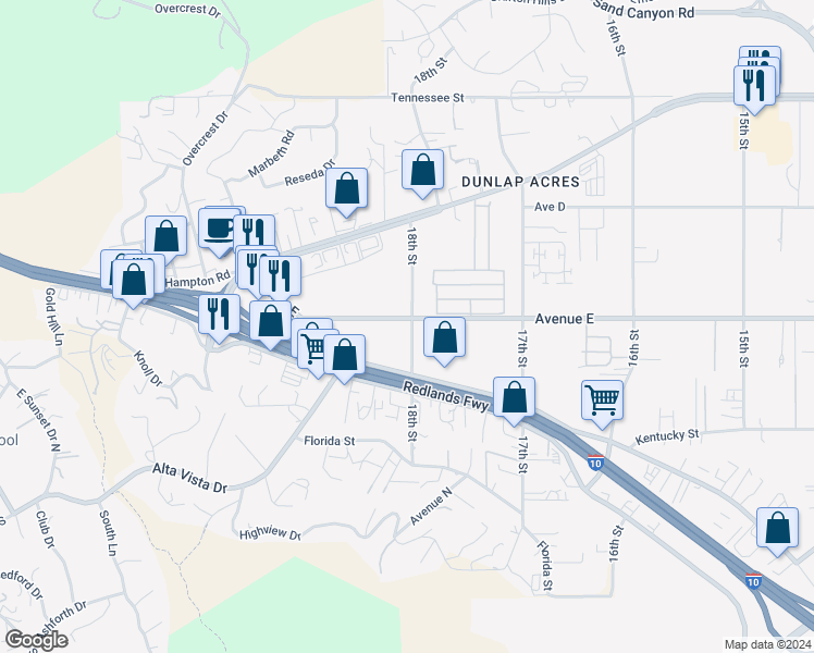 map of restaurants, bars, coffee shops, grocery stores, and more near 31739 Avenue E in Yucaipa
