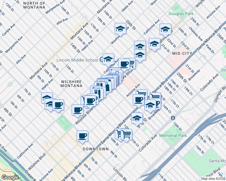 map of restaurants, bars, coffee shops, grocery stores, and more near 1225 Wilshire Boulevard in Santa Monica