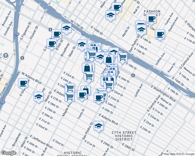 map of restaurants, bars, coffee shops, grocery stores, and more near 2221 1/2 Trinity Street in Los Angeles