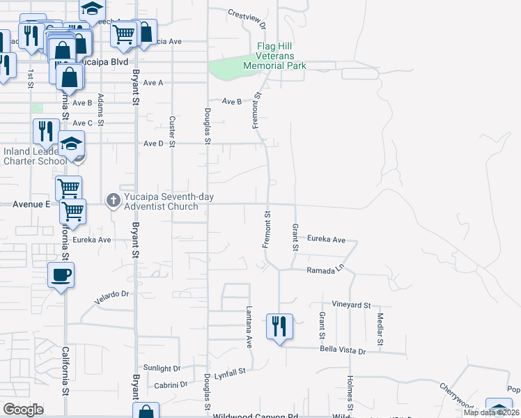 map of restaurants, bars, coffee shops, grocery stores, and more near 35645 Avenue E in Yucaipa