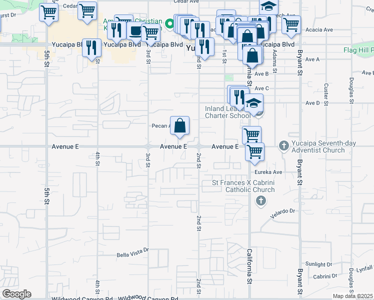 map of restaurants, bars, coffee shops, grocery stores, and more near 34855 Avenue E in Yucaipa