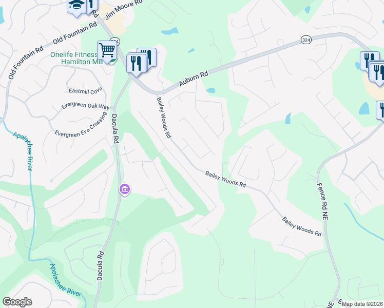 map of restaurants, bars, coffee shops, grocery stores, and more near 930 Harbins View Drive in Dacula