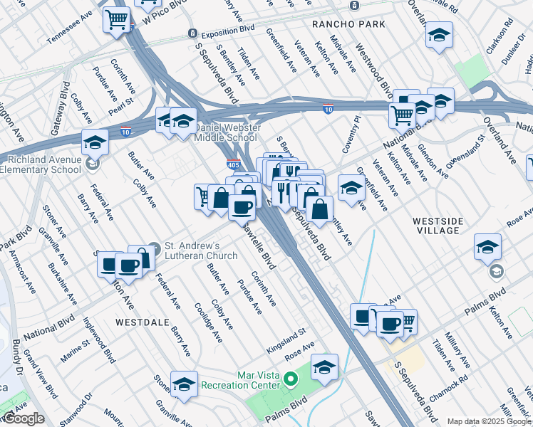 map of restaurants, bars, coffee shops, grocery stores, and more near Nathan Shapell Memorial Hwy in Los Angeles