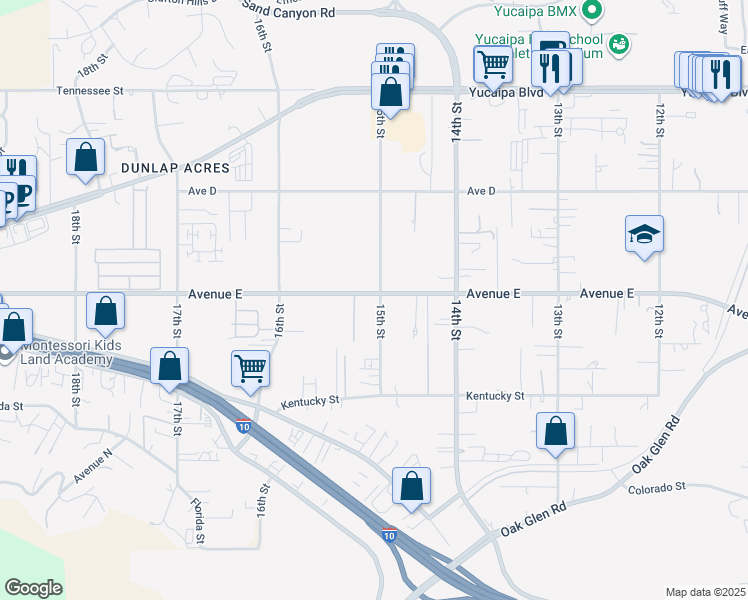 map of restaurants, bars, coffee shops, grocery stores, and more near 12532 15th Street in Yucaipa