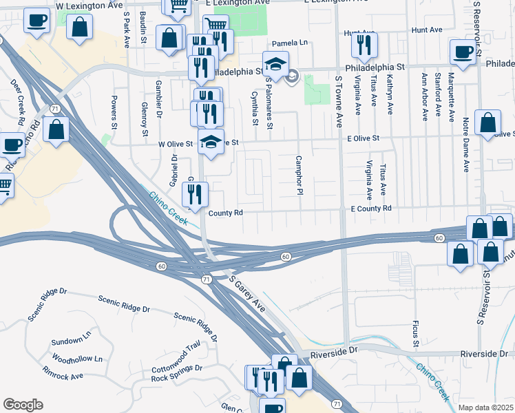 map of restaurants, bars, coffee shops, grocery stores, and more near 2502 Chestnut Place in Pomona