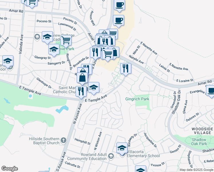 map of restaurants, bars, coffee shops, grocery stores, and more near 2583 Temple Avenue in West Covina