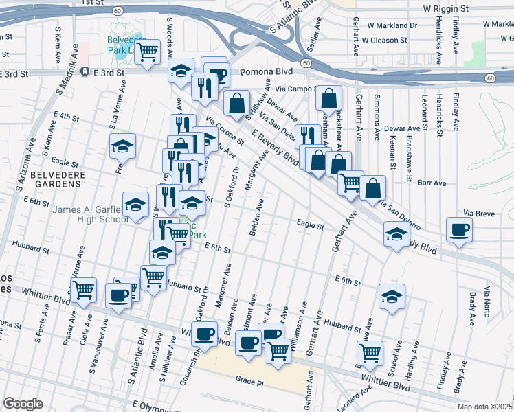 map of restaurants, bars, coffee shops, grocery stores, and more near 501 Belden Avenue in East Los Angeles