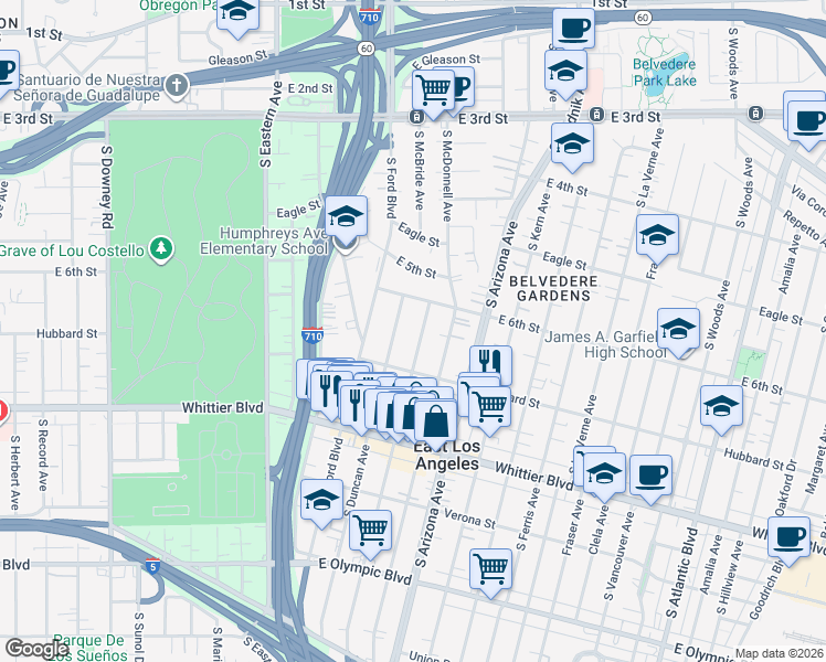 map of restaurants, bars, coffee shops, grocery stores, and more near 657 1/2 South McBride Avenue in East Los Angeles