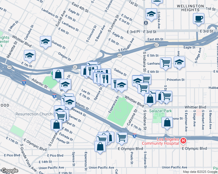 map of restaurants, bars, coffee shops, grocery stores, and more near 3552 Whittier Boulevard in Los Angeles