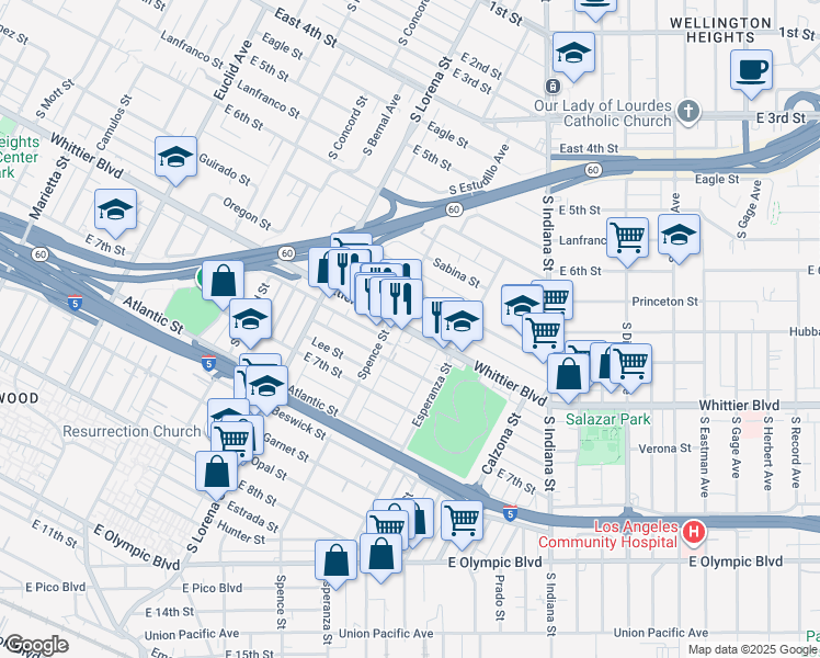 map of restaurants, bars, coffee shops, grocery stores, and more near 914 Spence Street in Los Angeles
