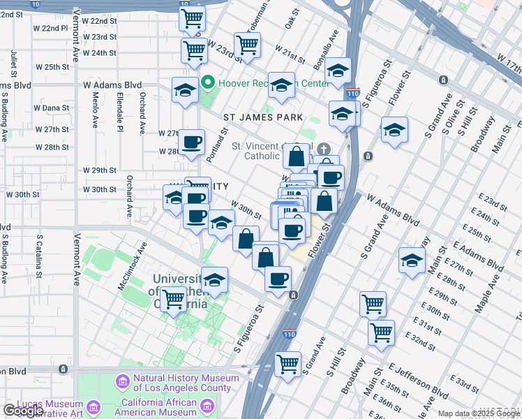 map of restaurants, bars, coffee shops, grocery stores, and more near 649-655 3/4 West 30th Street in Los Angeles