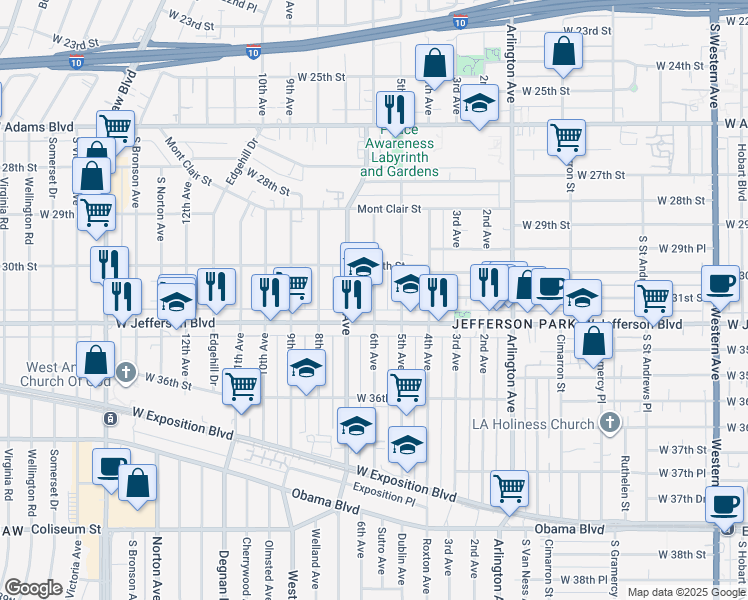 map of restaurants, bars, coffee shops, grocery stores, and more near 2519 West Jefferson Boulevard in Los Angeles