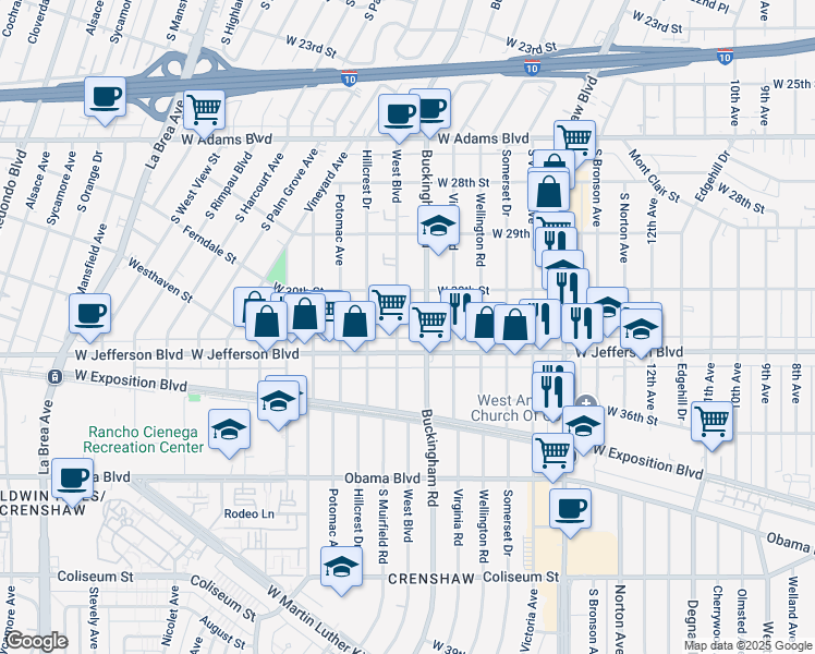 map of restaurants, bars, coffee shops, grocery stores, and more near 4111 West Jefferson Boulevard in Los Angeles