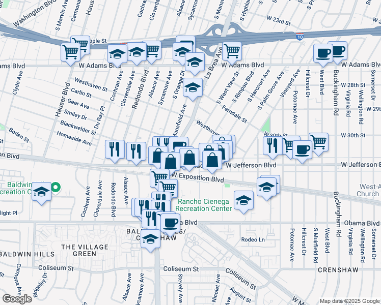 map of restaurants, bars, coffee shops, grocery stores, and more near 3026 South West View Street in Los Angeles