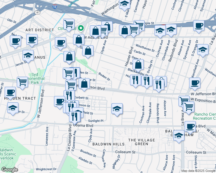 map of restaurants, bars, coffee shops, grocery stores, and more near 3021 Carmona Avenue in Los Angeles