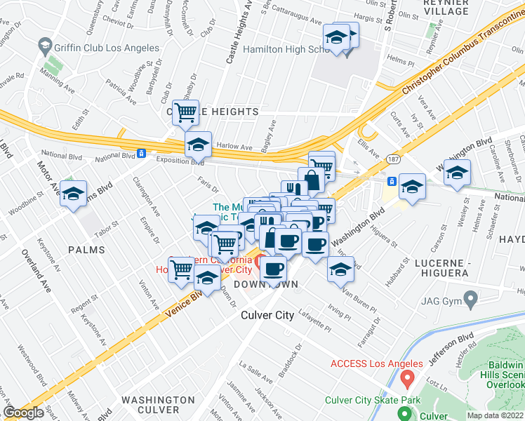 map of restaurants, bars, coffee shops, grocery stores, and more near 3756/219 Cardiff Avenue in Los Angeles