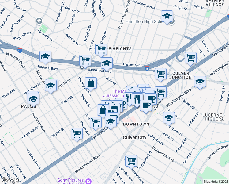 map of restaurants, bars, coffee shops, grocery stores, and more near 9732 Regent Street in Los Angeles