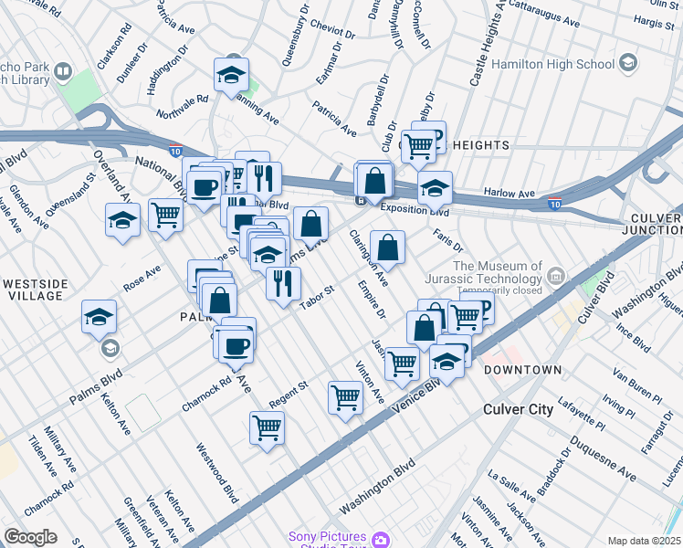 map of restaurants, bars, coffee shops, grocery stores, and more near 10203 Tabor Street in Los Angeles