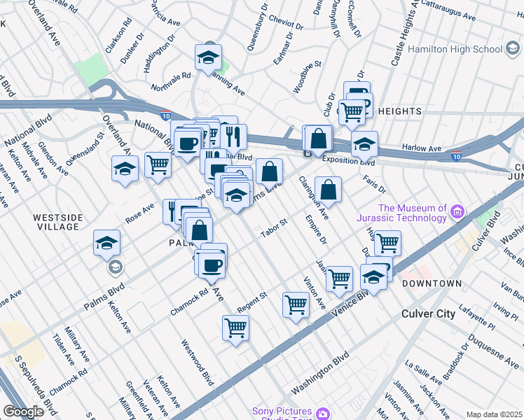 map of restaurants, bars, coffee shops, grocery stores, and more near 3520 Motor Avenue in Los Angeles