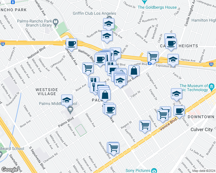 map of restaurants, bars, coffee shops, grocery stores, and more near 10509 Palms Boulevard in Los Angeles
