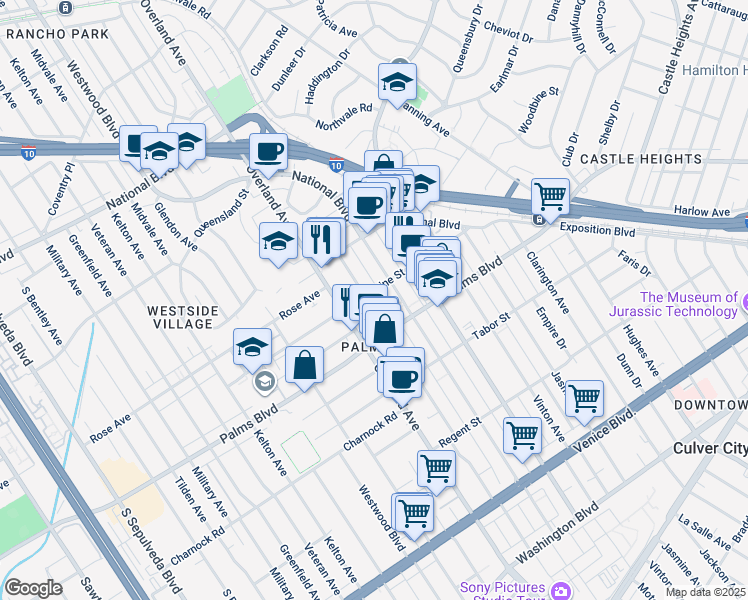 map of restaurants, bars, coffee shops, grocery stores, and more near 3410 Overland Avenue in Los Angeles