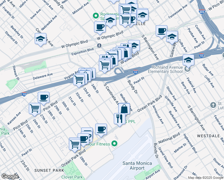 map of restaurants, bars, coffee shops, grocery stores, and more near 2496 South Centinela Avenue in Los Angeles