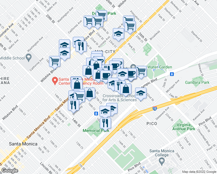 map of restaurants, bars, coffee shops, grocery stores, and more near 1524 19th Street in Santa Monica