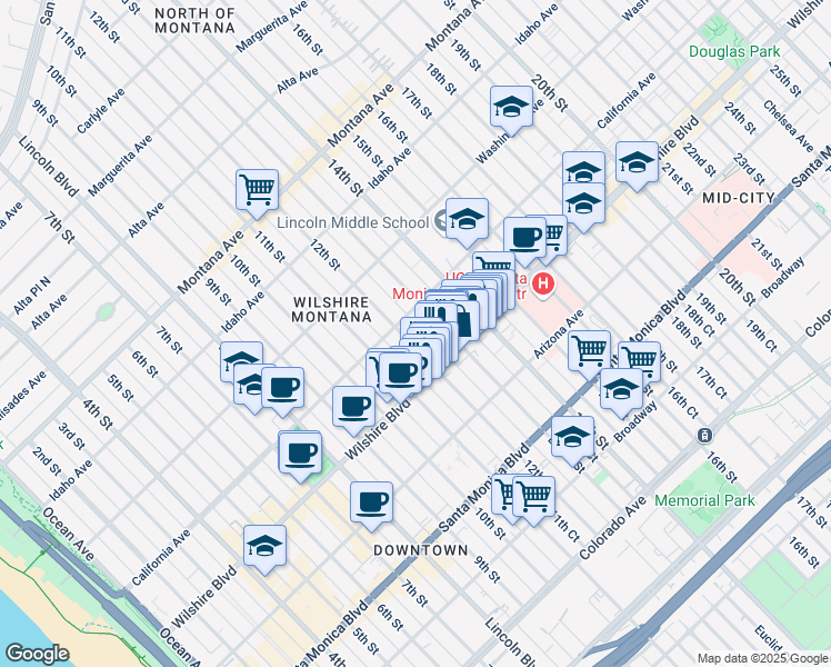 map of restaurants, bars, coffee shops, grocery stores, and more near in Santa Monica