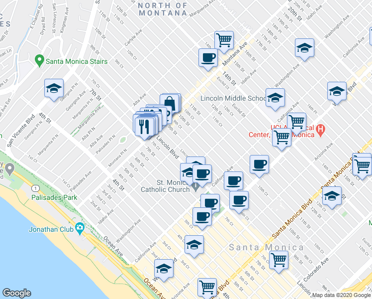 map of restaurants, bars, coffee shops, grocery stores, and more near 917 Lincoln Boulevard in Santa Monica