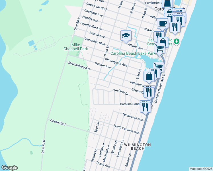 map of restaurants, bars, coffee shops, grocery stores, and more near 802 Seafarer Drive in Carolina Beach