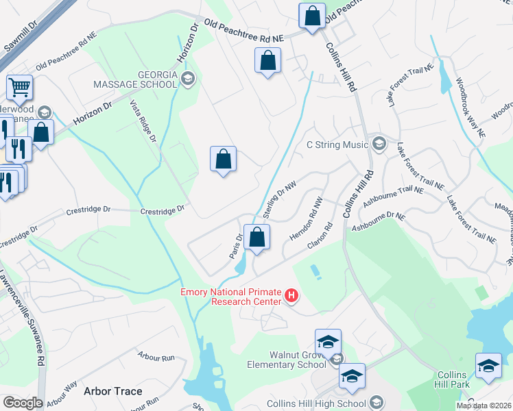 map of restaurants, bars, coffee shops, grocery stores, and more near 2654 Sterling Drive Northwest in Lawrenceville