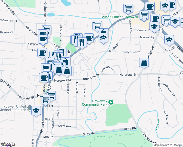 map of restaurants, bars, coffee shops, grocery stores, and more near 10 Millbrook Circle in Roswell