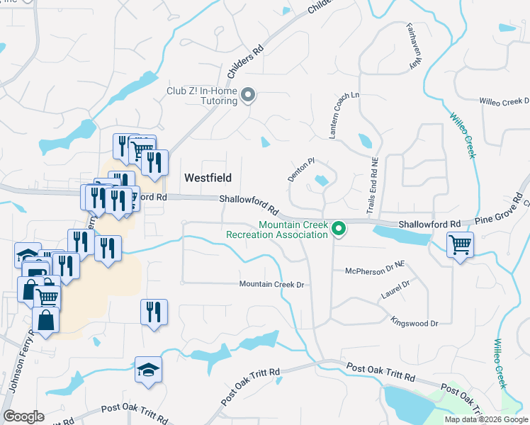 map of restaurants, bars, coffee shops, grocery stores, and more near 4512 Mountain Creek Drive in Roswell