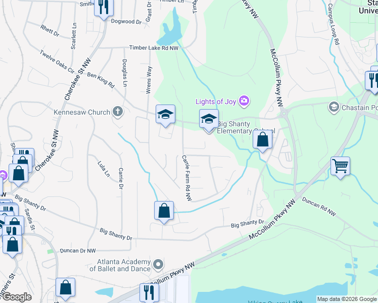 map of restaurants, bars, coffee shops, grocery stores, and more near 1663 Carrie Farm Lane Northwest in Kennesaw
