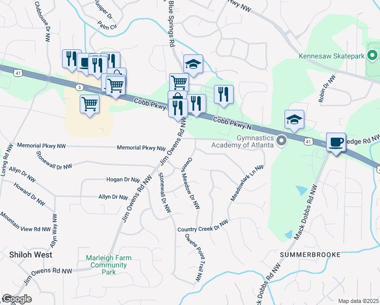 map of restaurants, bars, coffee shops, grocery stores, and more near 2993 Owens Meadow Drive Northwest in Kennesaw
