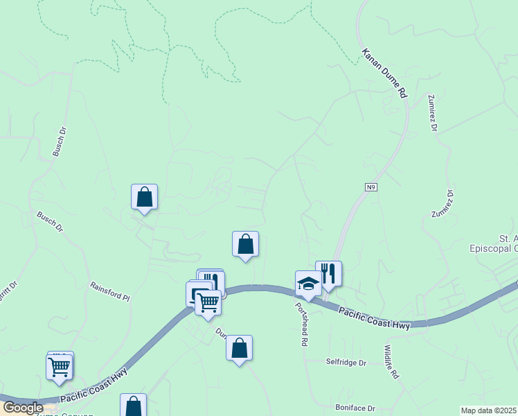 map of restaurants, bars, coffee shops, grocery stores, and more near 6333 Gayton Place in Malibu