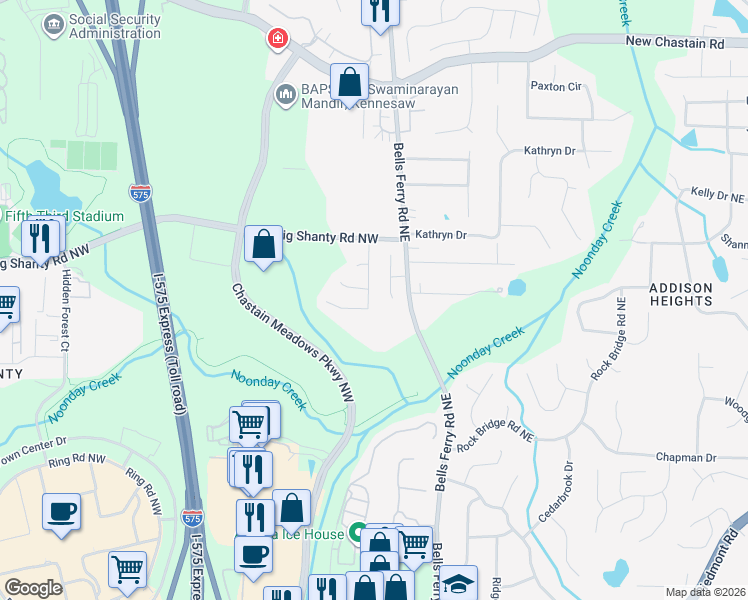 map of restaurants, bars, coffee shops, grocery stores, and more near 3130 Big Shanty Trail in Marietta
