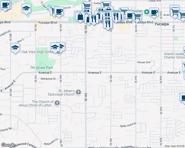 map of restaurants, bars, coffee shops, grocery stores, and more near 34357 Avenue E in Yucaipa