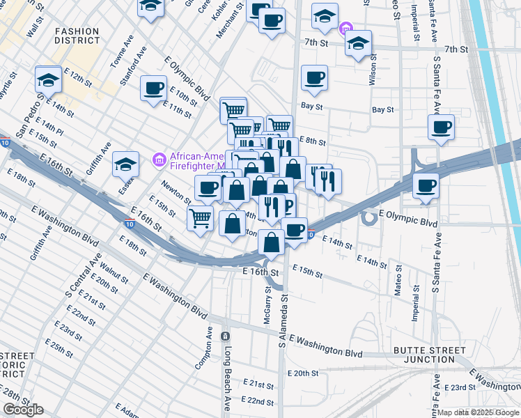map of restaurants, bars, coffee shops, grocery stores, and more near 1250 Long Beach Avenue in Los Angeles