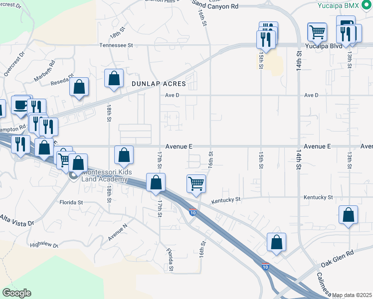 map of restaurants, bars, coffee shops, grocery stores, and more near 32005 Avenue E in Yucaipa