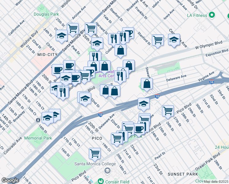 map of restaurants, bars, coffee shops, grocery stores, and more near 2319 Michigan Ave in Santa Monica