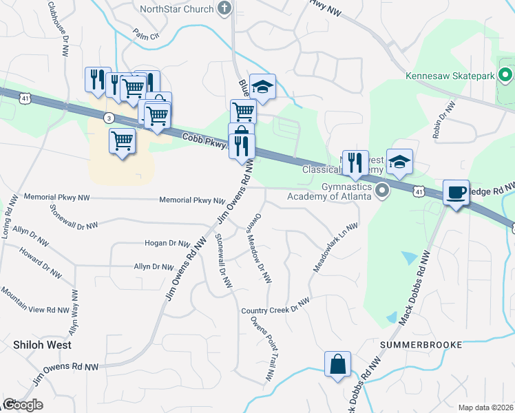 map of restaurants, bars, coffee shops, grocery stores, and more near 2991 Owens Meadow Drive Northwest in Kennesaw