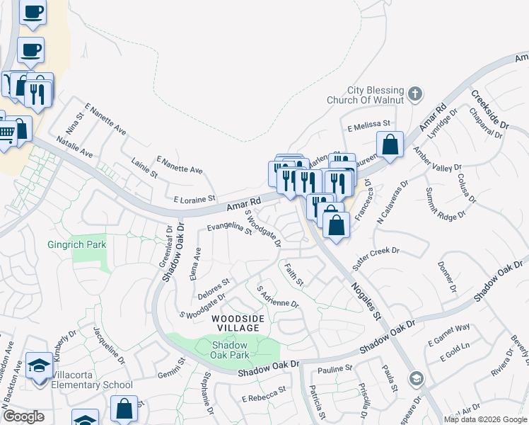 map of restaurants, bars, coffee shops, grocery stores, and more near 2220 Calle Parral in West Covina