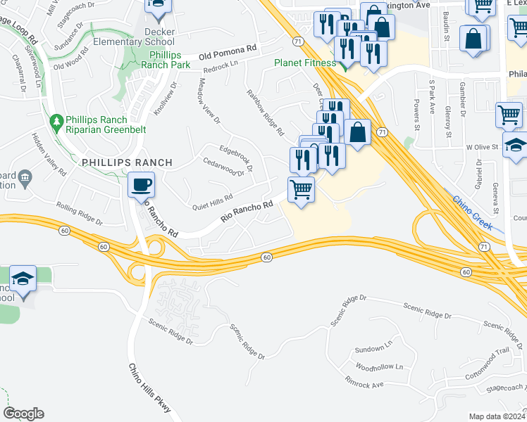 map of restaurants, bars, coffee shops, grocery stores, and more near 74 Carriage Way in Pomona
